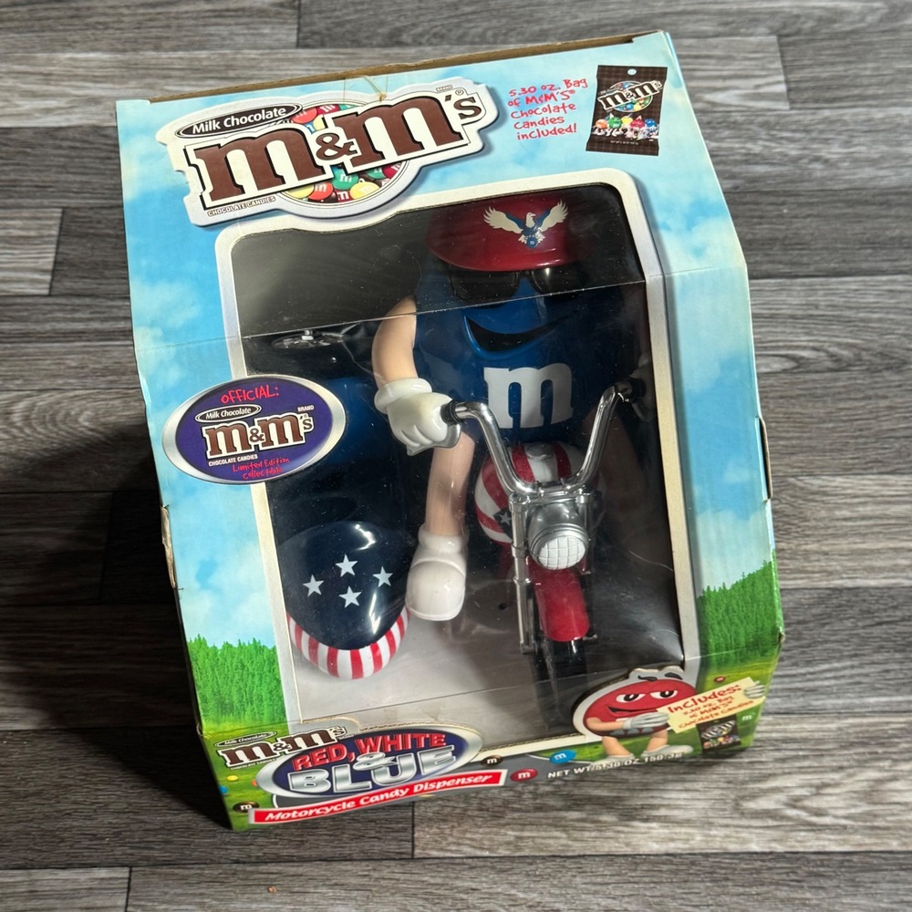 M&M's Motorcycle Candy Dispenser Blue Character Red White Blue Patriotic Limited